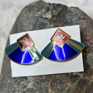 Laurel Burch Vintage 90s Lotus Flower Enamel Cloisonné Fan Earrings